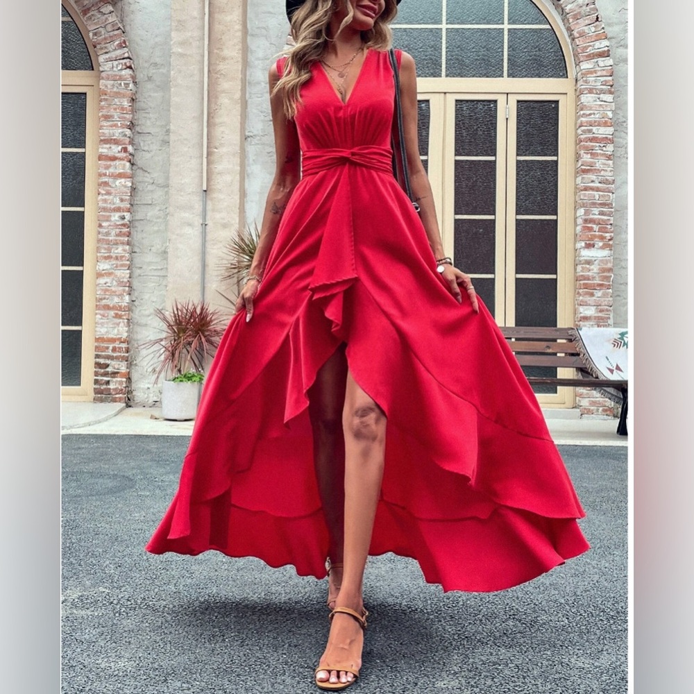 LAST ONE 🔥 A- Line High Low Ruffle Hem Dress Red* - Picture 4 of 8